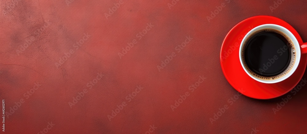 Poster red cup of coffee seen from above with empty background