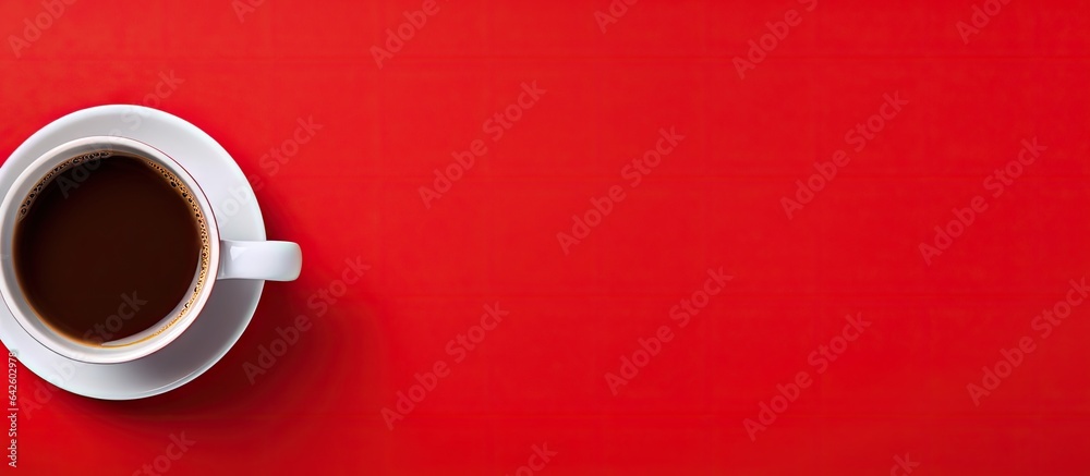 Poster red cup of coffee seen from above with empty background