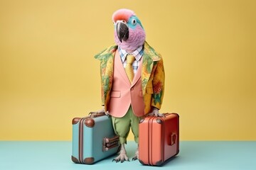happy parrot dressed as a traveller ready for vacation 