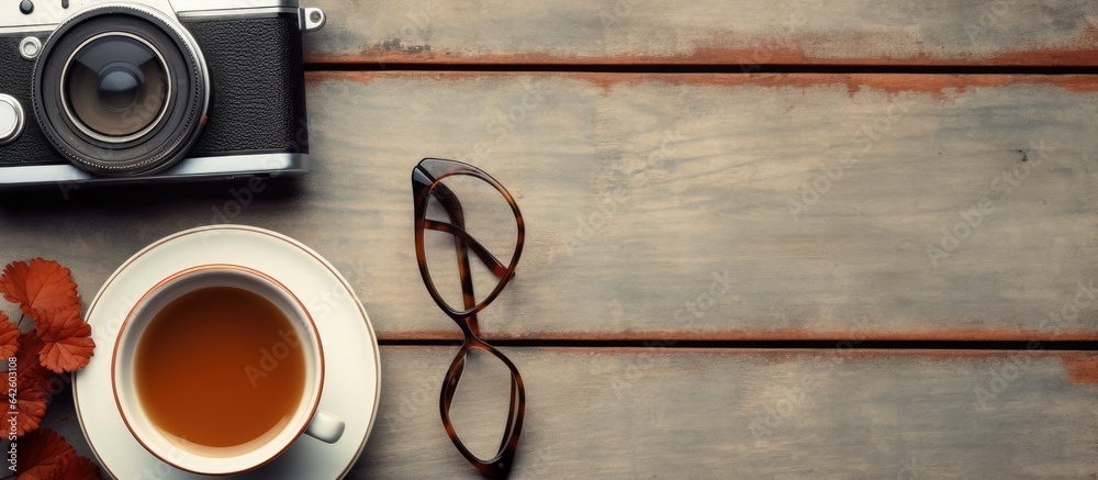 Poster retro camera coffee cup notepad and glasses arranged on a wooden table from a top viewpoint