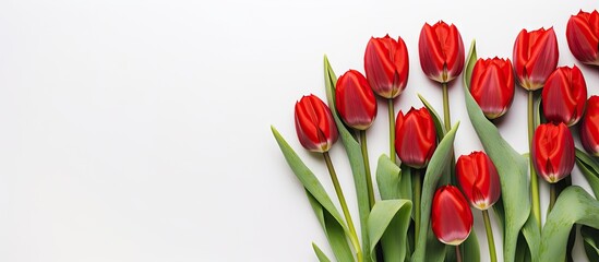 Red tulips on white background perfect for flower shops with space for text