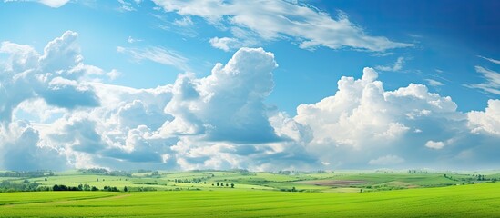 Scenic rural landscape of lush green fields under sunny skies with clouds above - obrazy, fototapety, plakaty