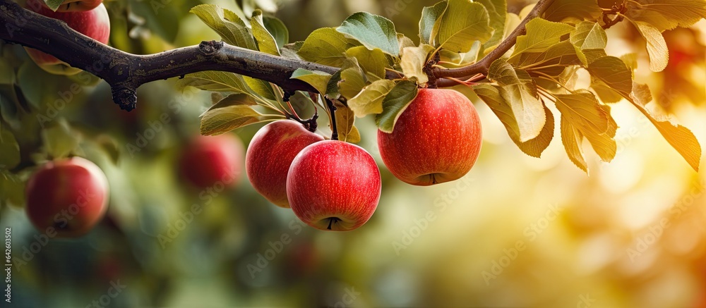 Poster selective focus background of apple tree branch with apples in a fruit garden during summer or autum