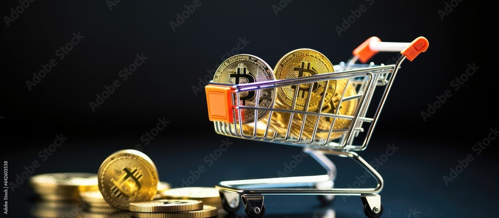 Poster shopping concept with mini shopping carts trolley virtual money cryptocurrency and blockchain techno