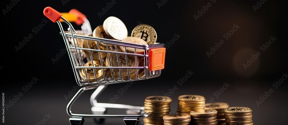 Poster shopping concept with mini shopping carts trolley virtual money cryptocurrency and blockchain techno