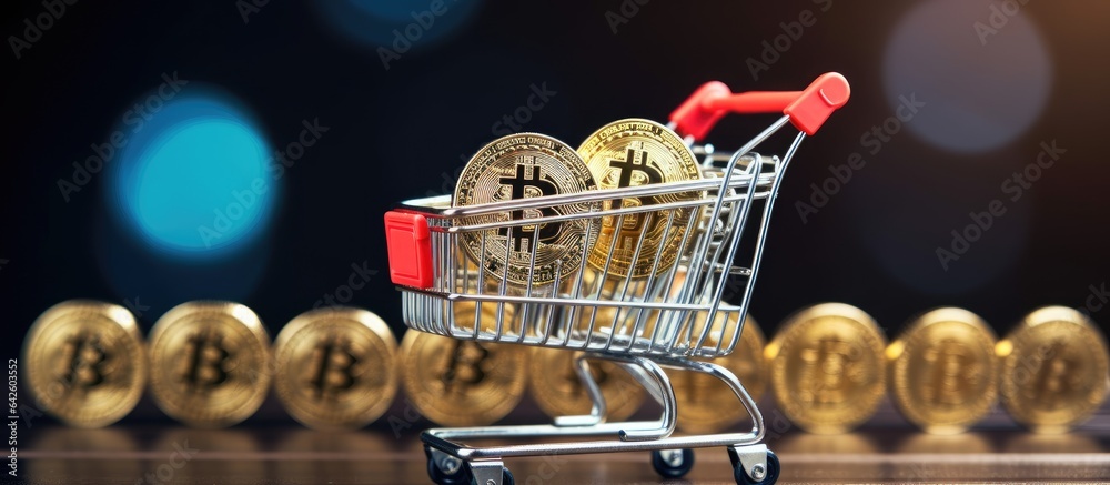 Poster shopping concept with mini shopping carts trolley virtual money cryptocurrency and blockchain techno