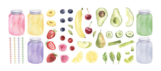 Watercolor drawn fruits, berries, vegetables, leaves collection. Hand drawn fresh vegan food set flavor elements isolated on white background. Smoothie jar, milkshake glass, straw, cocktail.