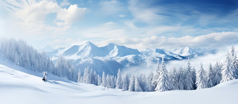 Snow and clouds cover the peak of a mountain in a harsh winter landscape with spruce trees on the slopes