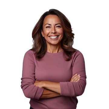 Middle aged Hispanic woman joyfully poses with crossed arms and a happy expression in front of a transparent background
