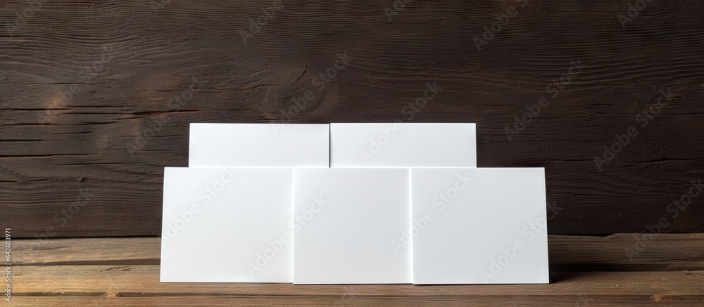 Poster Stacking an empty white business card on a wooden background ideal for designing business branding