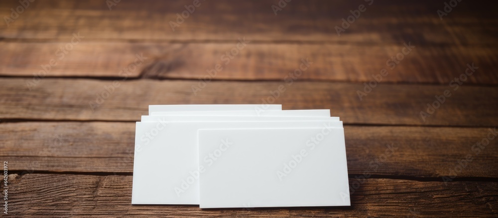 Poster stacking an empty white business card on a wooden background ideal for designing business branding