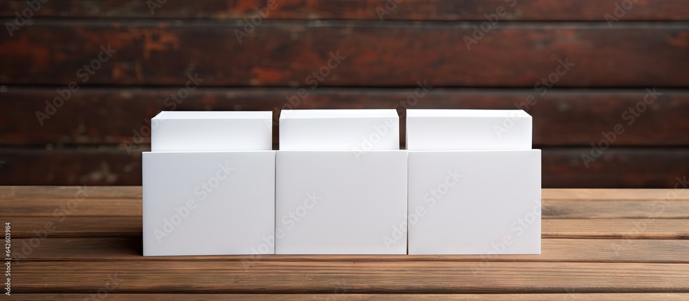Aufkleber stacking an empty white business card on a wooden background ideal for designing business branding