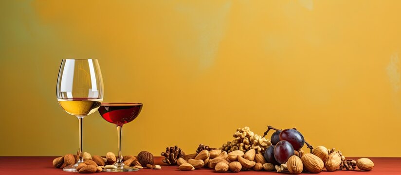 Tasty wine with nut accents on colorful backdrop