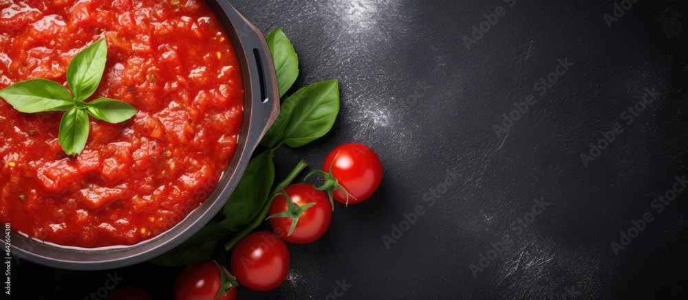 Poster tomato sauce in saucepan overhead view grey background