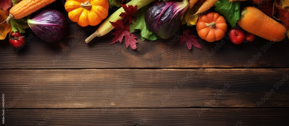 Poster top down view of autumn themed background showcasing leaves vegetables and fall harvest on weathered