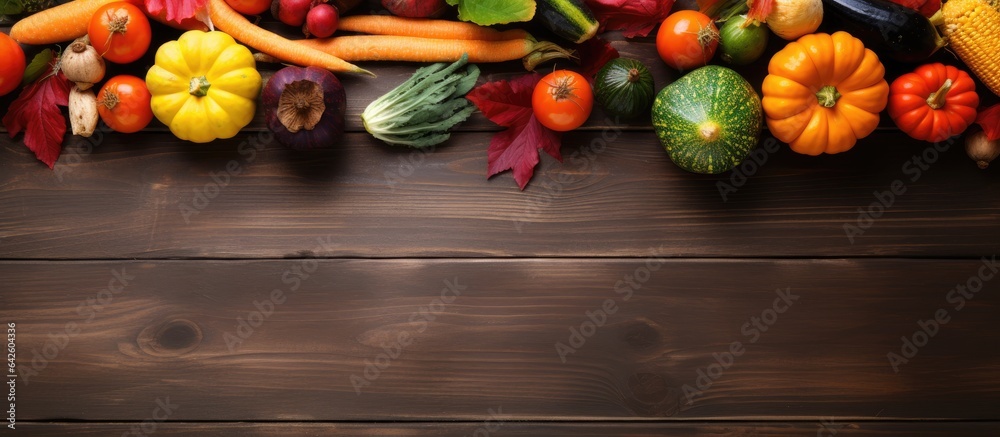 Poster top down view of autumn themed background showcasing leaves vegetables and fall harvest on weathered