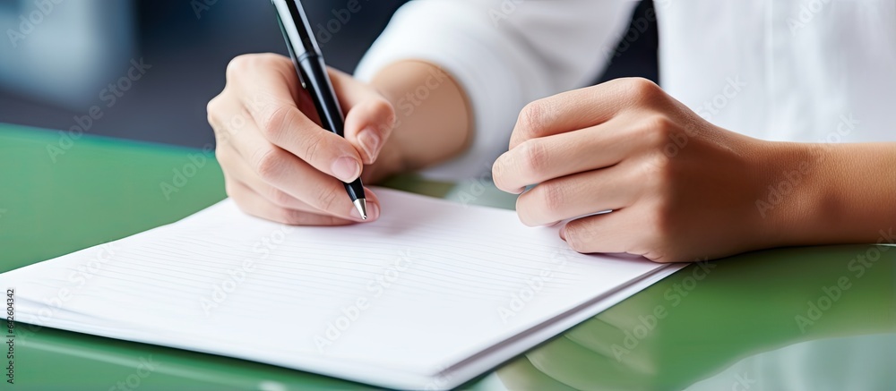 Poster Top down view of hands holding an open notepad