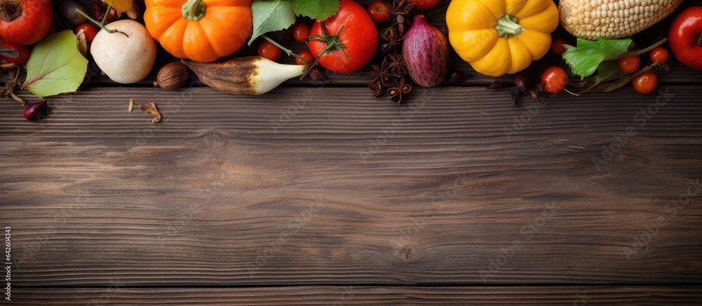 Poster top down view of autumn themed background showcasing leaves vegetables and fall harvest on weathered
