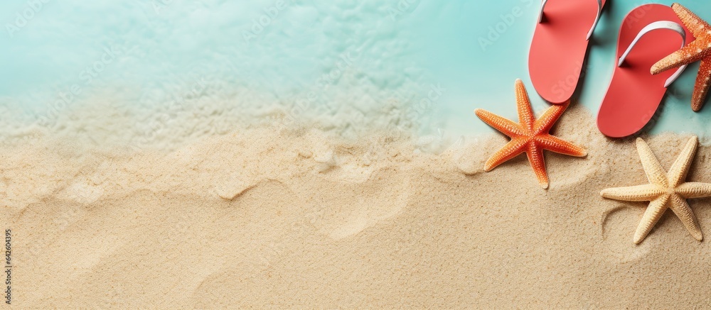 Aufkleber top view mock up of beach accessories including flip flops and starfish on a colored background with