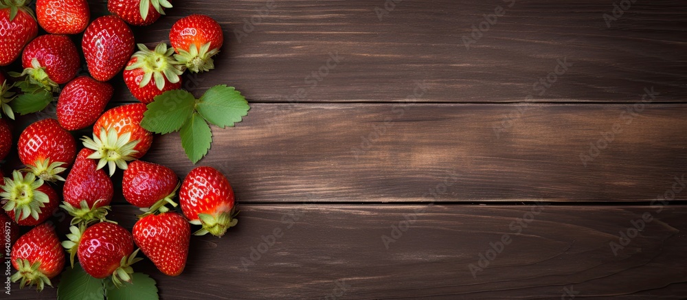 Poster top view of fresh strawberries on a wooden background with copy space