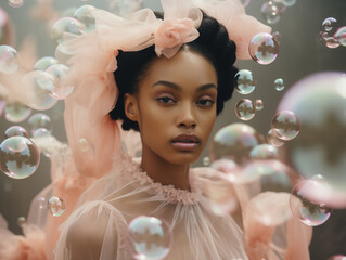 Beautiful young black woman surrounded by soap bubbles.	