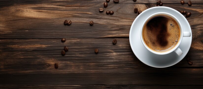 Top view of hot coffee in a white cup on a wooden table
