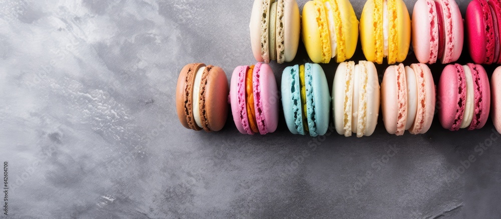 Poster top view of vibrant french macarons on concrete surface with available space