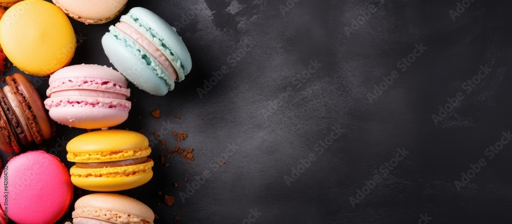 Poster top view of vibrant french macarons on concrete surface with available space