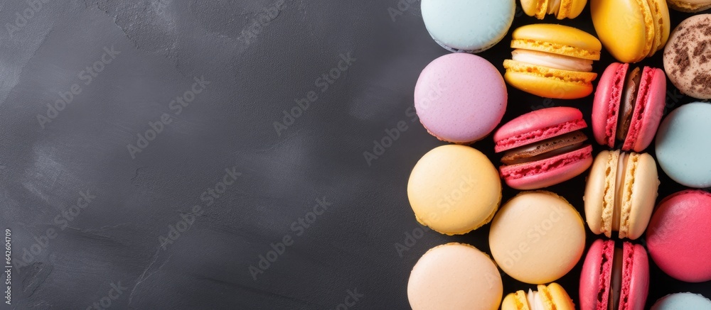 Poster top view of vibrant french macarons on concrete surface with available space