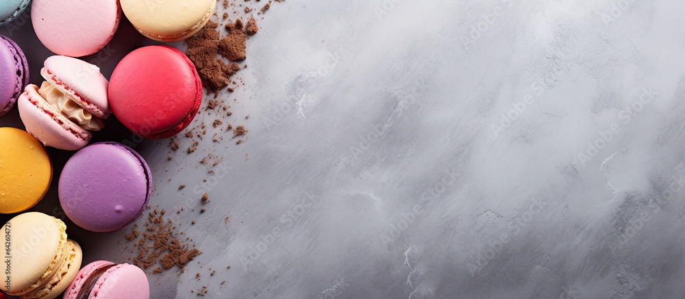 Aufkleber top view of vibrant french macarons on concrete surface with available space