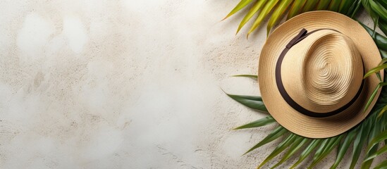 Fototapeta na wymiar Top view shot of a summer hat palm leaf and whiskey on a stone background representing a tropical getaway