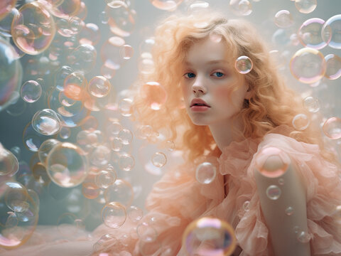 Beautiful Young Woman Surrounded By Soap Bubbles.	