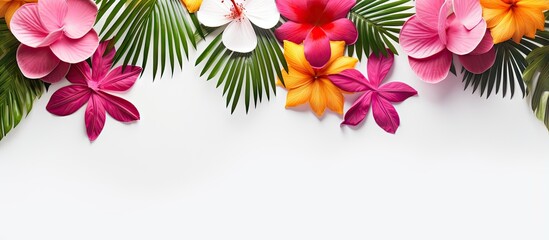 Tropical plants on white backdrop summer layout seen from above blank area