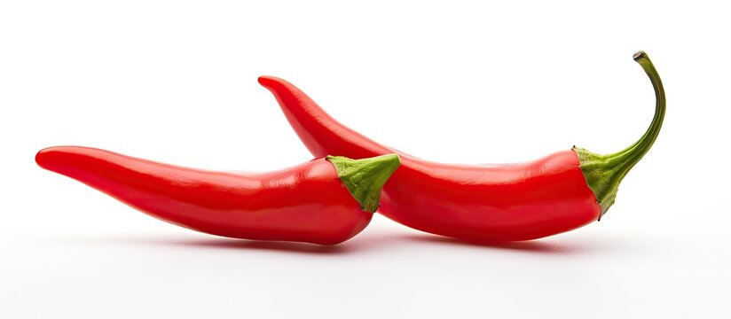 Two red chili peppers separated on white background with space for text