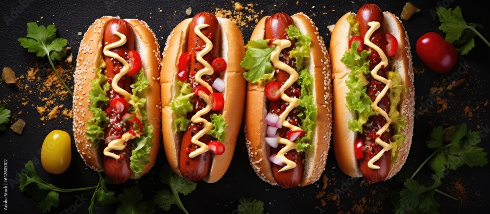Poster various fillings on hot dogs dark background food background with space for text overhead view hot d