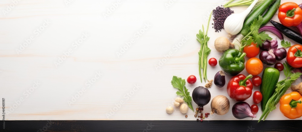 Aufkleber vegetable salad ingredients arranged on a black paper background creating a healthy food concept