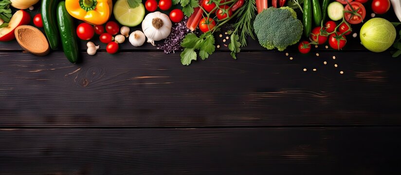 Vegetable salad ingredients arranged on a black paper background creating a healthy food concept