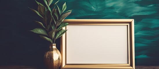 Vintage gold frame and green plant in retro interior Space for text