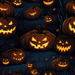 seamless spooky halloween texture with pumpkin lanterns, repeatable pattern