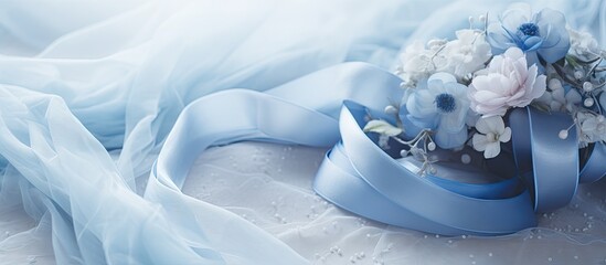 Wedding decor in blue with silk ribbon bride wreath crystals and copy space Soft focus