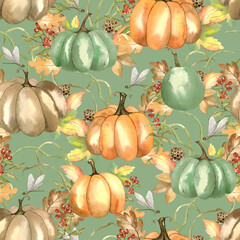 Autumn seamless pattern with pumpkins, yellow, green leaves, red berries, oak leaves background. Watercolor print for Thanksgiving, harvest day, autumn farm fair, halloween.