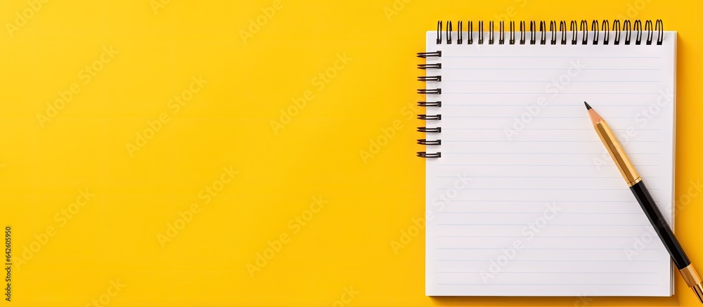 Aufkleber Yellow background with notepad pen and sticky note paper Concept of note taking in office or school Top view with space for text