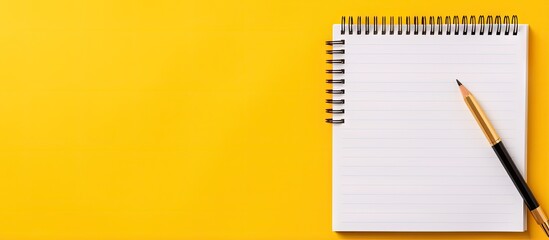 Yellow background with notepad pen and sticky note paper Concept of note taking in office or school Top view with space for text - obrazy, fototapety, plakaty