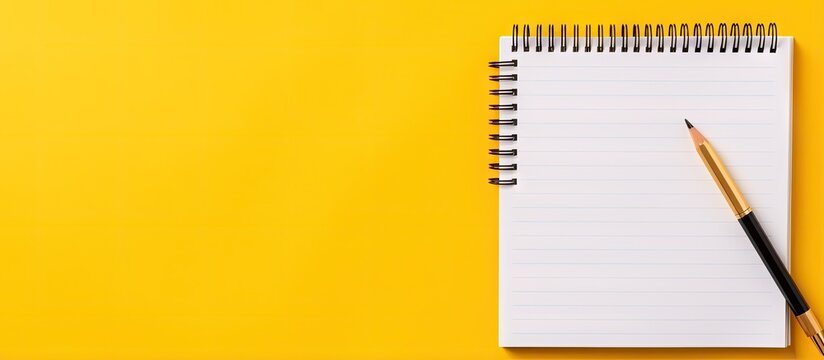 Yellow background with notepad pen and sticky note paper Concept of note taking in office or school Top view with space for text