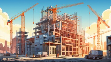 Fototapeta na wymiar illustration of buildings under construction, 16:9, copy space