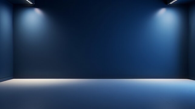 Minimalistic abstract background for product presentation. Light on a dark blue wall, product placement, high quality, 16:9 © Christian