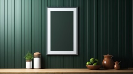 Mock up poster frame in Kitchen interioer and accessories with dark green wooden slatted wall background, 16:9 - obrazy, fototapety, plakaty