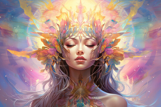 goddess illustration with shorter neck, style of realistic hyper - detailed rendering, aurorapunk, hyperbolic expression, feathers, organic, serene faces, enchanting realms, rays of light, sparkling 