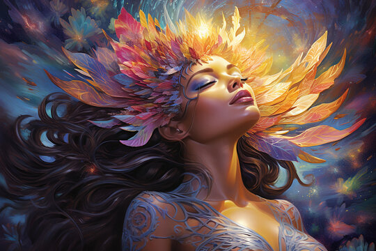 goddess illustration with shorter neck, style of realistic hyper - detailed rendering, aurorapunk, hyperbolic expression, feathers, organic, serene faces, enchanting realms, rays of light, sparkling 