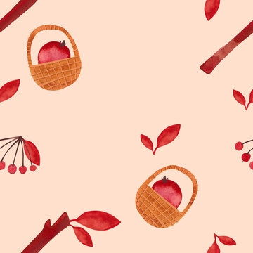 Watercolor seamless patern with autumn leaves and backets. Seasonal wrapping paper. Fall. Raster illustration for packaging, wallapers, wrapping paper, textile.